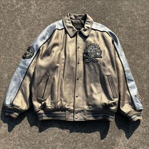 Avirex Leather Varsity Jacket in Tan and Gray